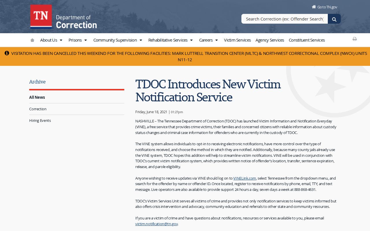 Tennessee VINE notification instructions for Lincoln County custody alerts
