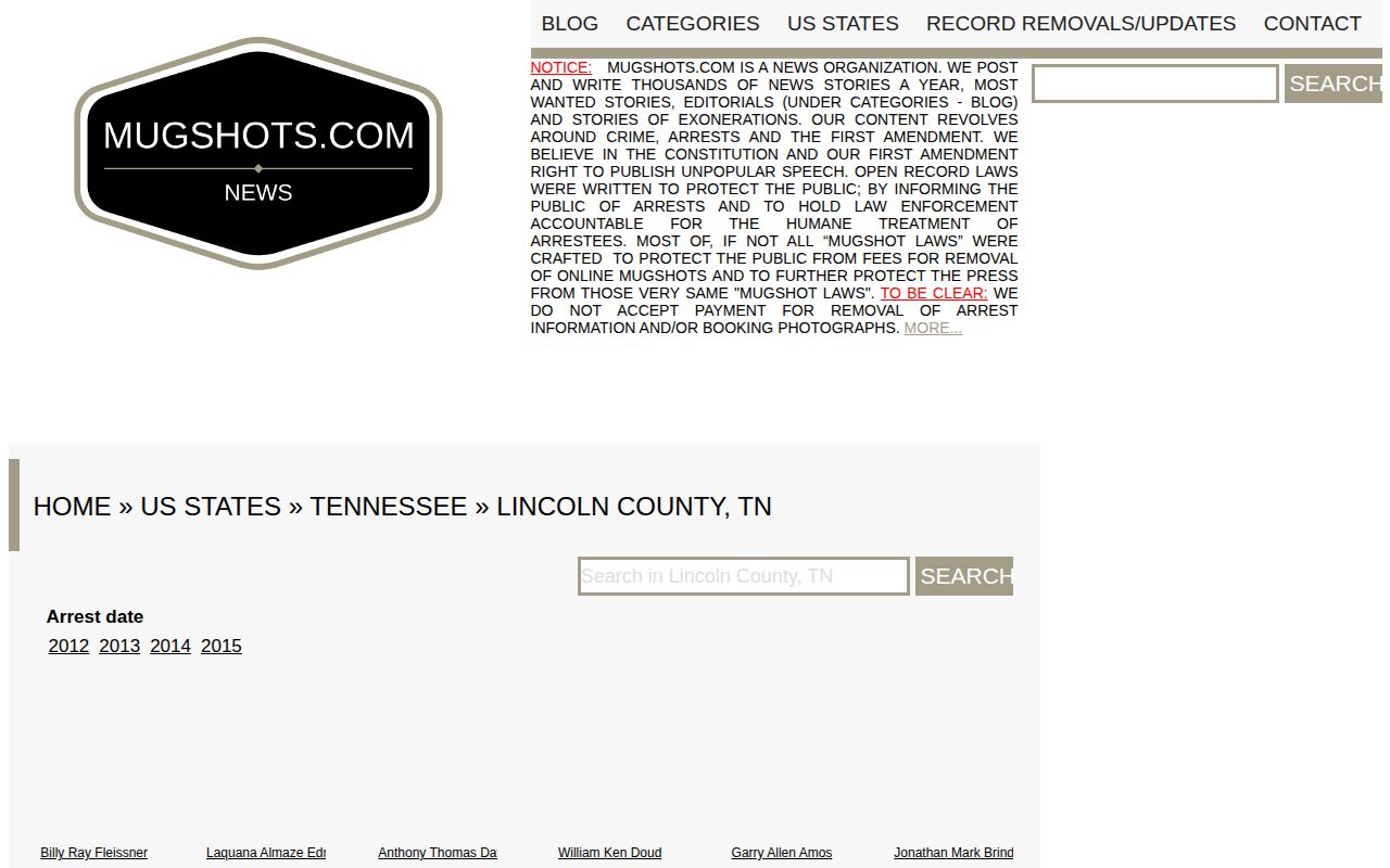 Unofficial historical Lincoln County arrest listing interface